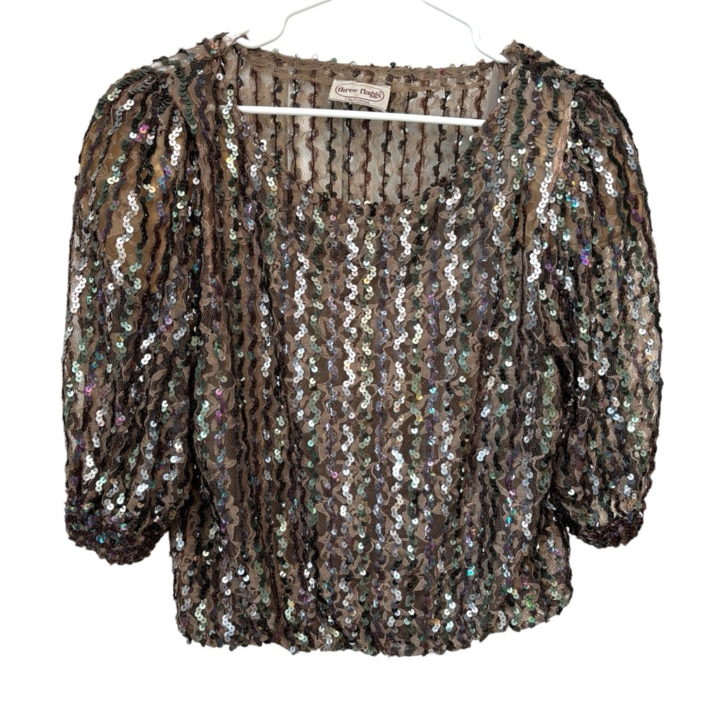 Three Flaggs California Lace Sequin Vintage Top Taupe Going Out Top